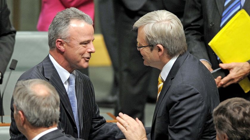 Dr Brendan Nelson (left) is congratulated by Prime Minister Kevin Rudd after his farewell speech