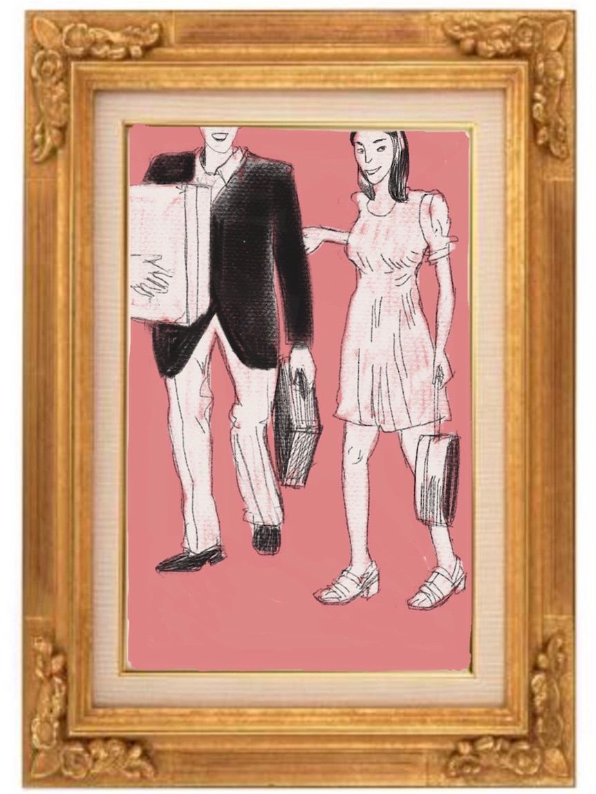 An illustration shows a couple, carrying luggage, smiling.