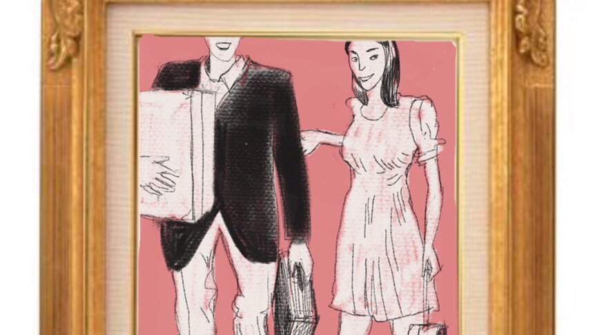 An illustration shows a couple, carrying luggage, smiling.