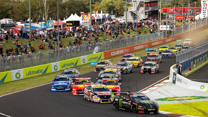 Cars turn around the first corner at the Mount Panorama circuit as fans watch on
