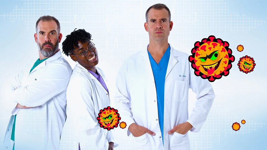 Three people in white lab coats, including male twins, with two graphic of viruses
