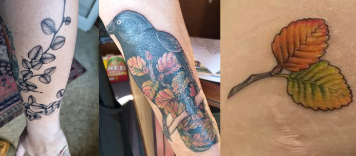 Three photos of tattoos, all showing leaves, one showing leaves decorating a raven bird