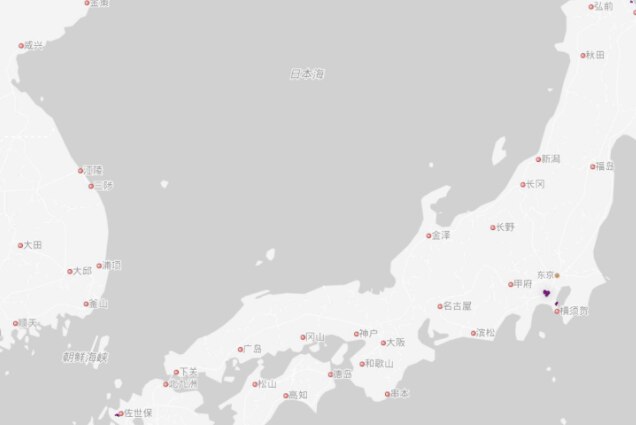 The map of Japan has a number of items plotted across the country. The land is coloured white, and the sea a light gray.