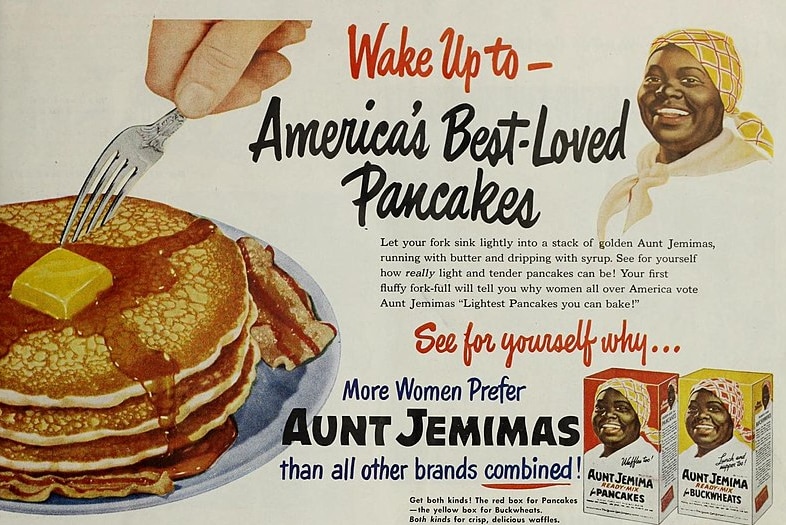 A plate of pancakes are on the left of the image with text advertising them in the middle and Aunt Jemima on the right.