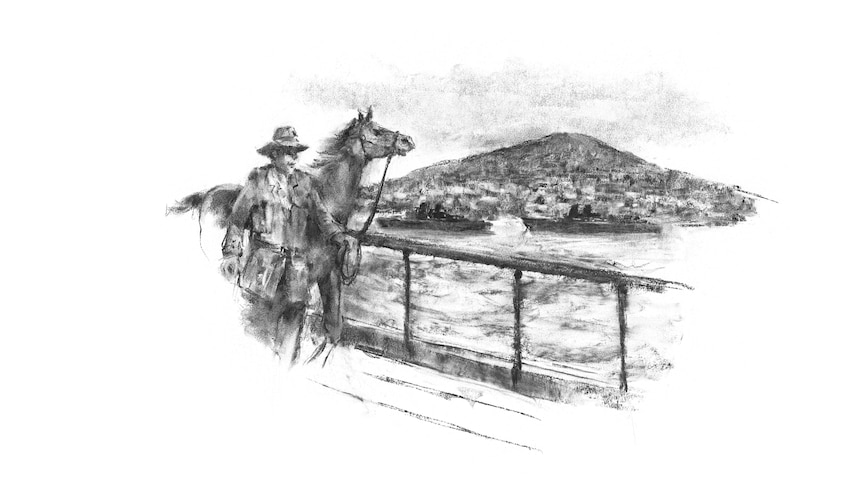 Charcoal illustration of a man and horse on the deck of a ship overlooking a bay