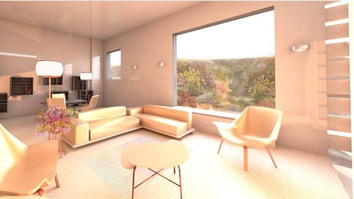 A drawing of a therapeutic space with natural light and views to nature.