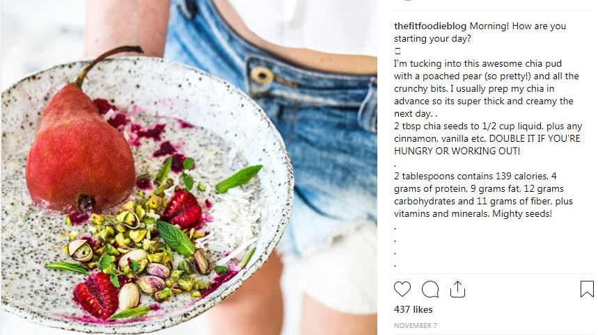 Screenshot of an Instagram post of chia pudding with poached pear, from The Fit Foodie blog.
