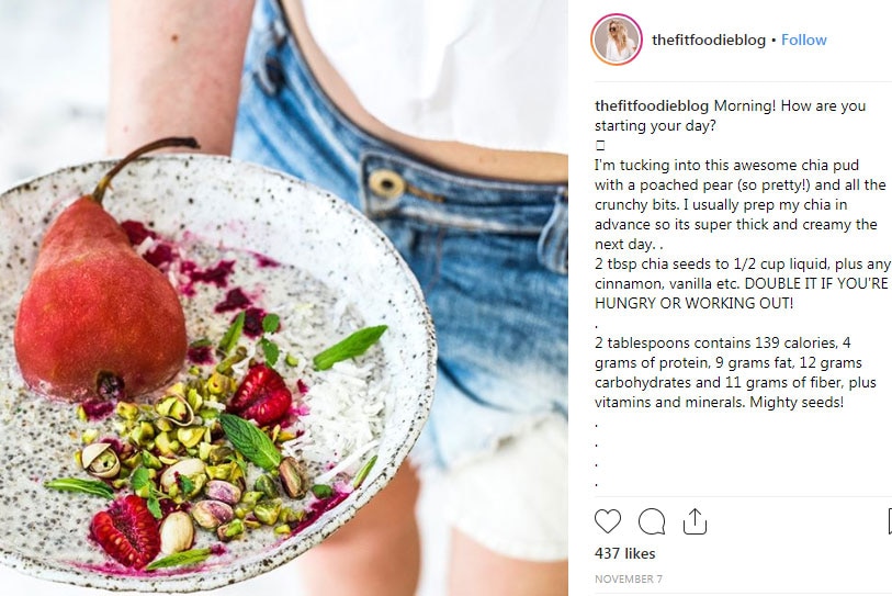 Screenshot of an Instagram post of chia pudding with poached pear, from The Fit Foodie blog.