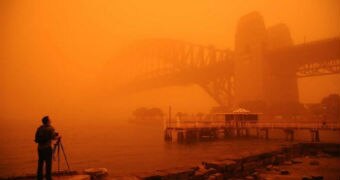 Red dust blanketing the Sydney Harbour Bridge