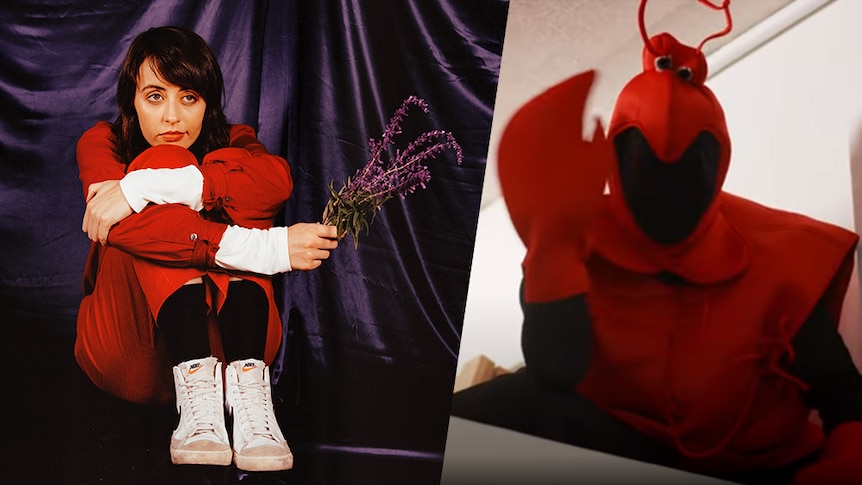 A 2022 press shot of Gordi and a still of a giant lobster costume from 2022 'Inhuman' music video