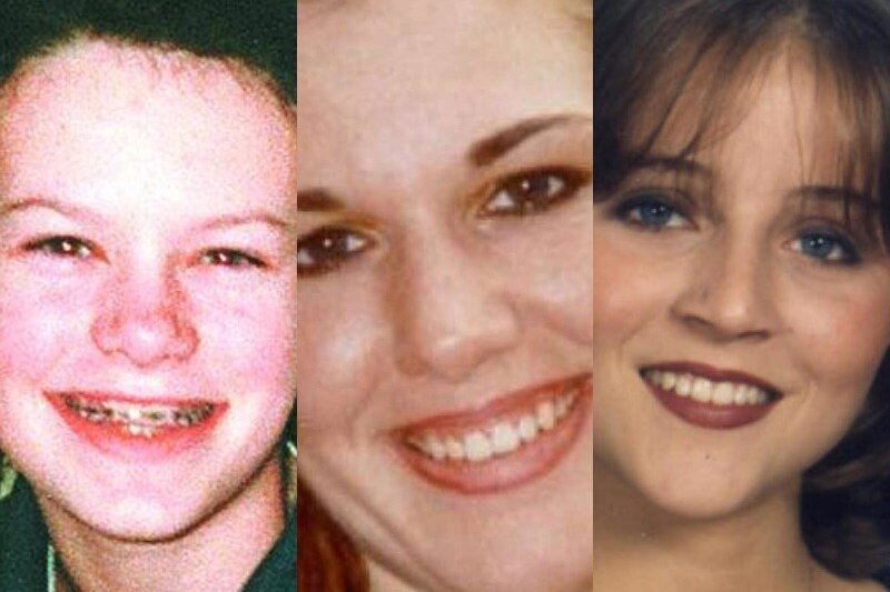 A composite image of a young girl with braces and two young women 