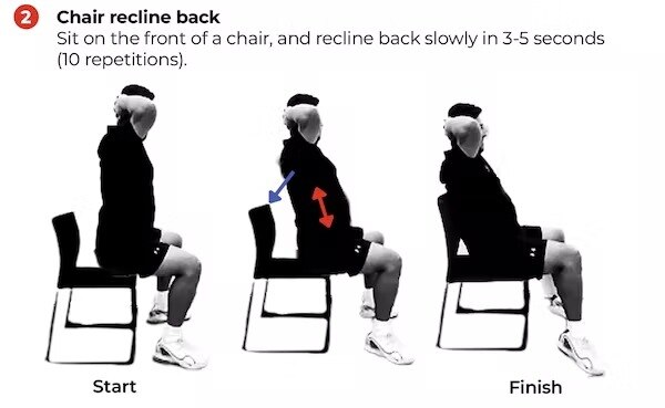 A graphic showing a chair recline back stretch. 