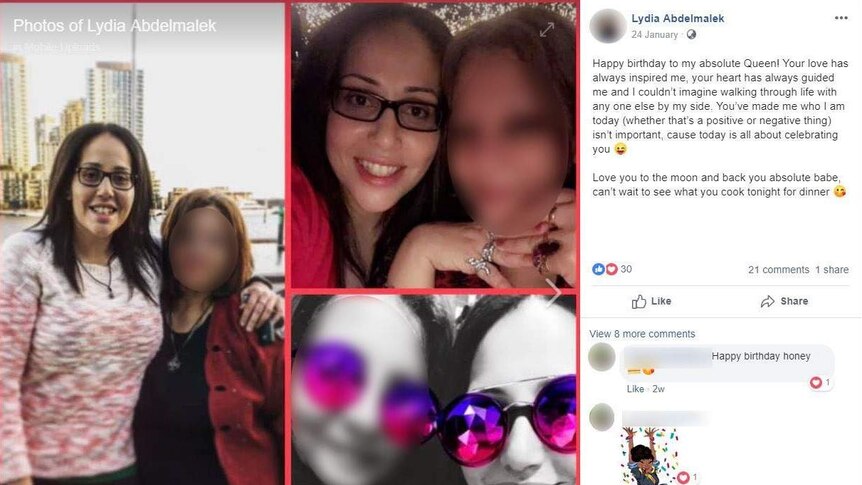 A Facebook screenshot shows Lydia Abdelmalek with her arm around her mother and a birthday message of love.