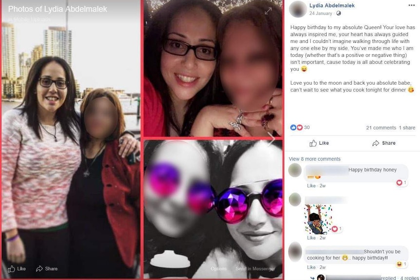 A Facebook screenshot shows Lydia Abdelmalek with her arm around her mother and a birthday message of love.