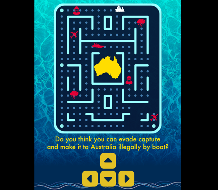 A Pac-Man style game shows threats along several routes to Australia. 