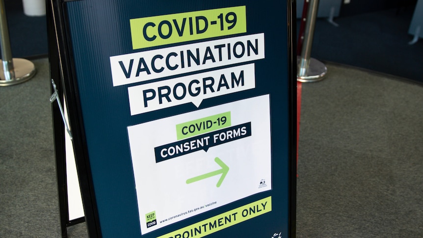 Sign at COVID-19 vaccination clinic in Tasmania.