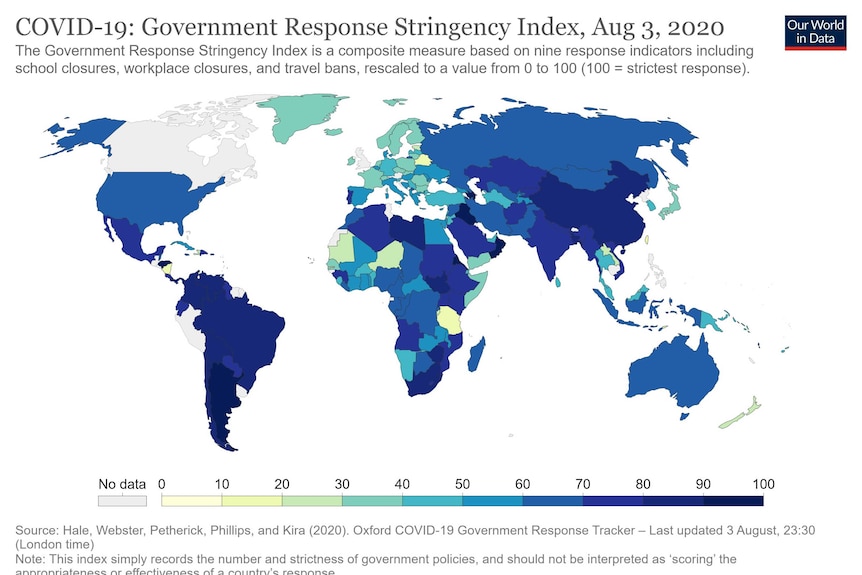 A colour-coded map of the world showing the toughest lockdowns.