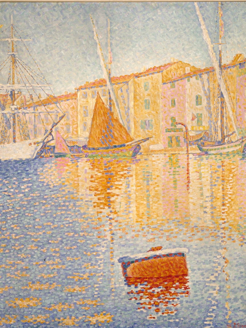 Paul Signac's 1895 painting The Red buoy with boats in a little harbour with terrace houses behind, and a red buoy in foreground