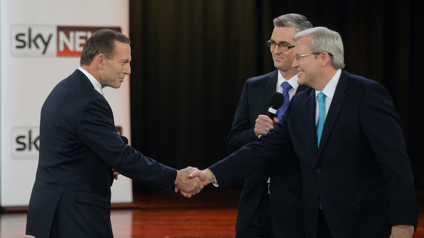 Rudd and Abbott shake hands before debate