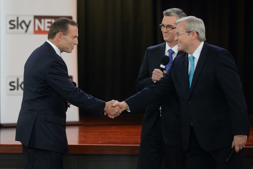 Rudd and Abbott shake hands before debate