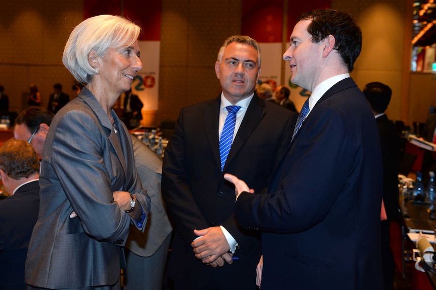 Christine Lagarde, Joe Hockey George Osbourne talk