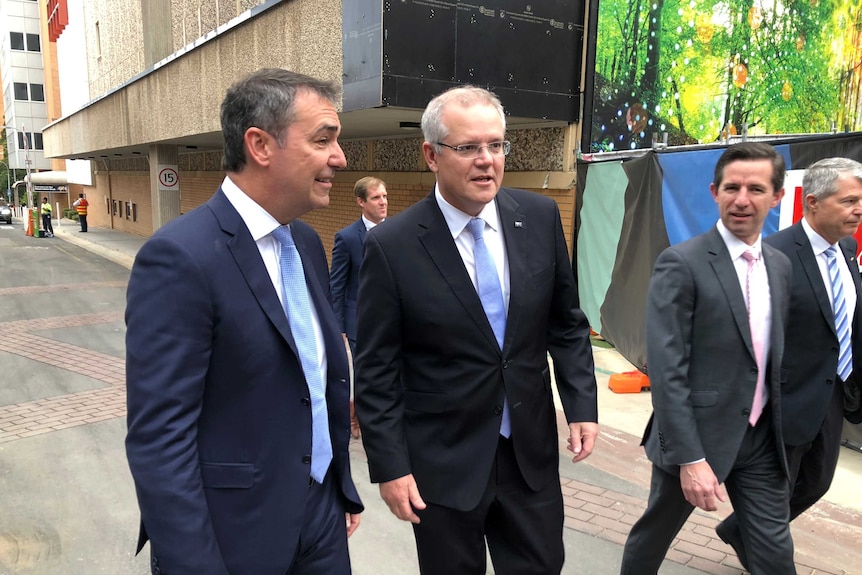 Prime Minister Scott Morrison and Premier Steven Marshall talk to the media.