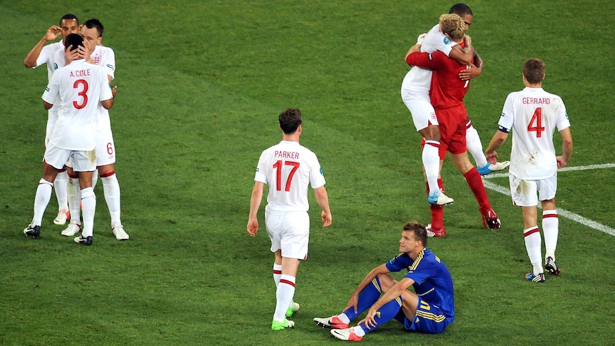 England players celebrate 1-0 victory over Ukraine during Euro 2012.