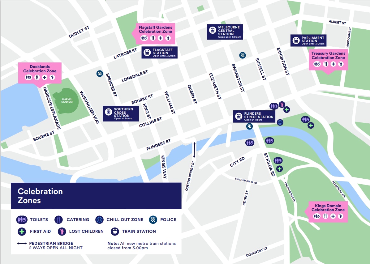 Um mapa colorido das ruas ribeirinhas de CBD e Docklands com etiquetas indicando locais de encontro na véspera de Ano Novo.