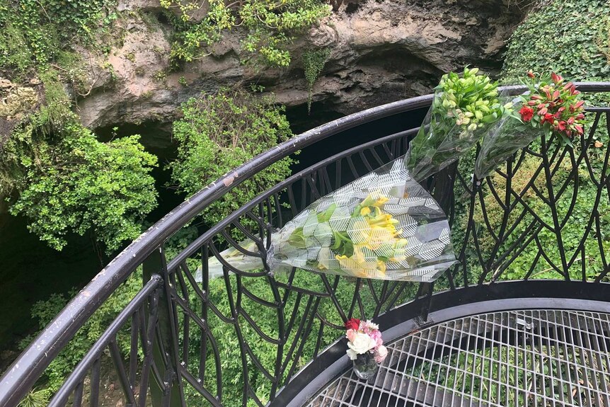 Bunches of flowers next to a handrail above a sinkhole