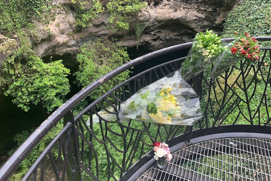 Bunches of flowers next to a handrail above a sinkhole