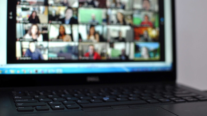 A video conference call on a laptop with at least 20 different participants.