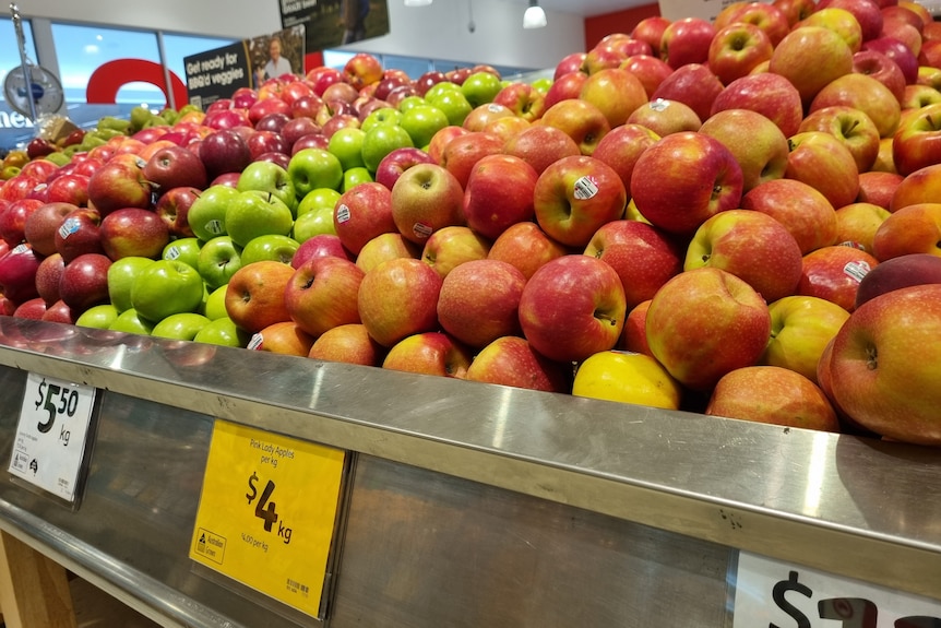 A close up shot of apples in a supermarket 