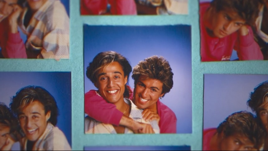 A collage of photos of George Michael and Andrew Ridgeley