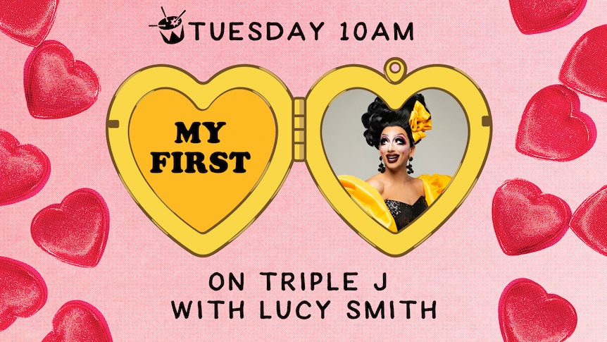 Bianca Del Rio's photo is in a love heart locket. She is wearing a yellow coat and black sequined dress