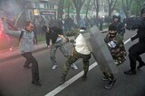 Pro-Russian and pro-Ukrainian supporters clash during a pro-Ukrainian rally in Donetsk, eastern Ukraine on April 28, 2014.