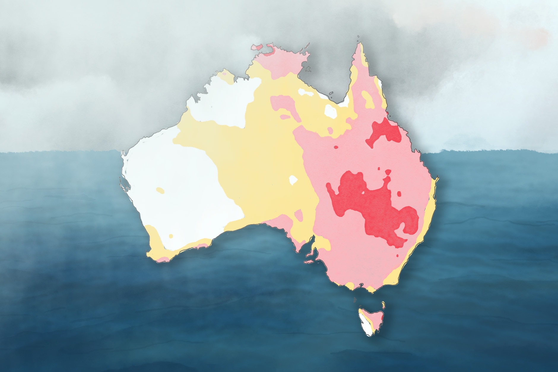 Watercolour map of Australia showing low amounts of rainfall across the country with ocean in background.