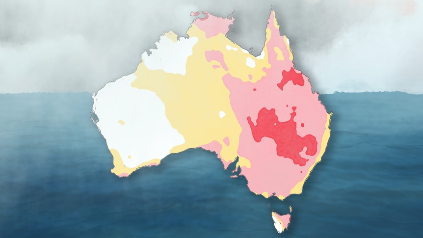 Watercolour map of Australia showing low amounts of rainfall across the country with ocean in background.