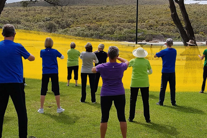 A group of men and women stand facing away from the camera during a Tai Chi class.