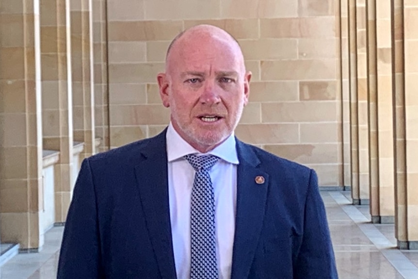 A politician wearing a suit and tie addresses media outside parliament house