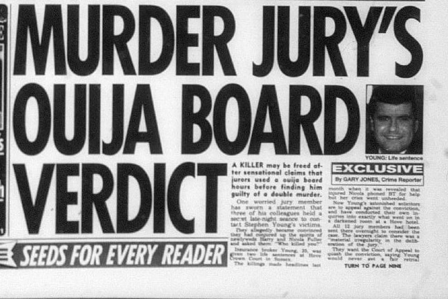 The front page of a 1994 newspaper that says Murder Jury's Ouija Board Verdict.