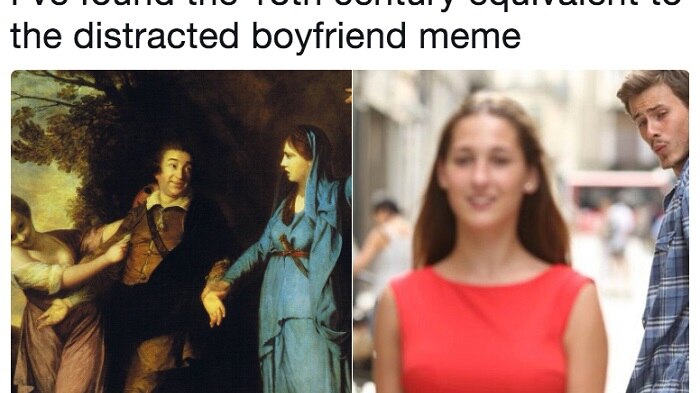 A composite image of two distracted boyfriend memes.