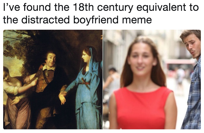 A composite image of two distracted boyfriend memes.