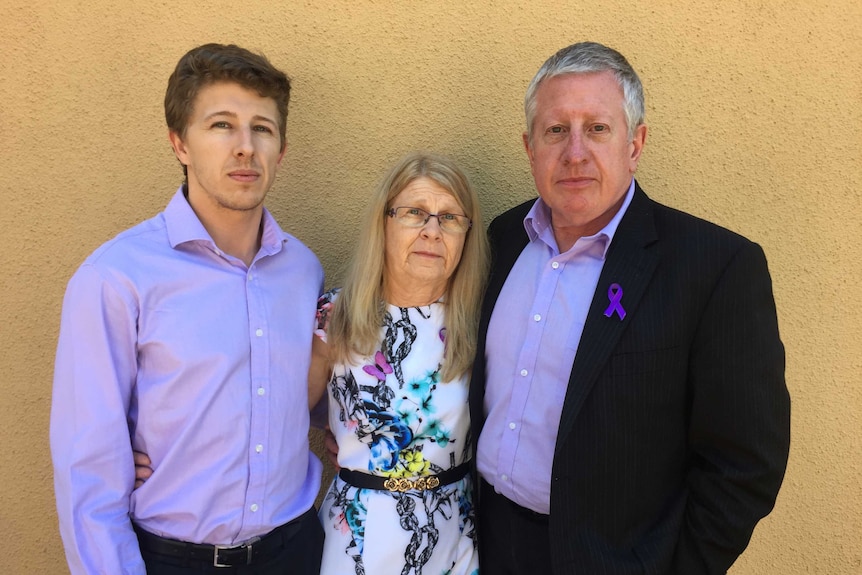 Peter, Faye and Mark Leveson outside Matthew Leveson's coronial inquest on November 4, 2016.