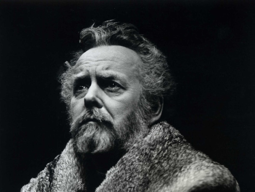Black and white photo of actor Douglas Rain looking serious in medieval attire as he appears as King Henry IV