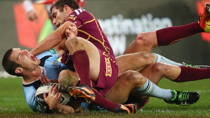 James McManus scores a try in the State of Origin decider in Sydney