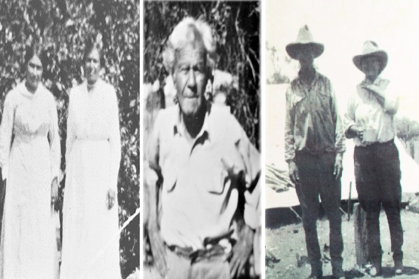 Black and white old photos of Peter craigie's family, women in white dresses and men in stock uniform