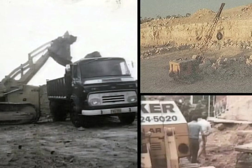 an old image of excavation trucks and cranes belonging to walker corporation