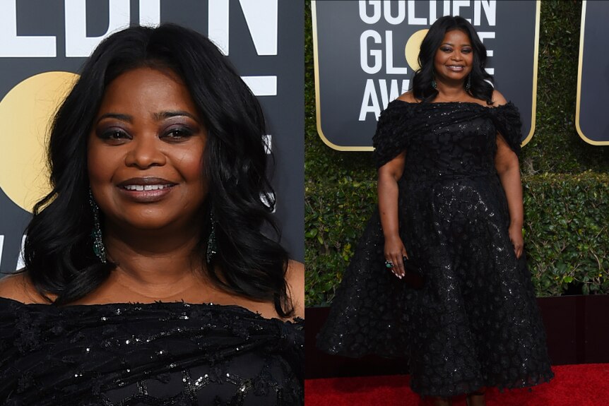 Octavia Spencer wears a sparkly black dress on the red carpet.
