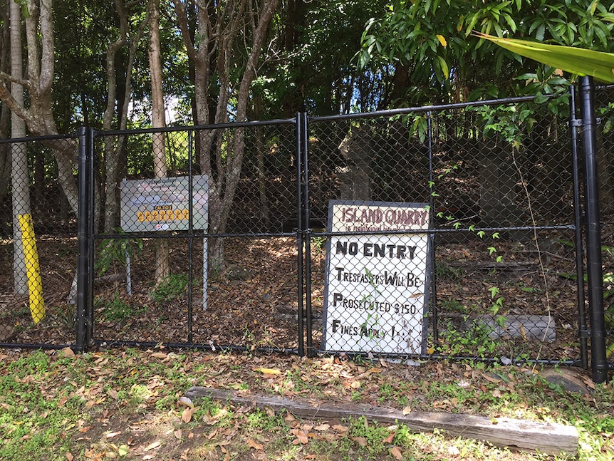 A No Entry Trespassers Prosecuted Sign at the Island Quarry gate entrance.