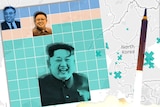 Kim Jong-un, Kim Jong-il and Kim Il-sung are seen over an image of a rocket blasting off and a map of North Korea.